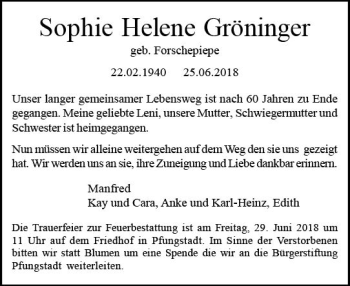 Traueranzeige von Sophie Helene Gröninger von Trauerportal Rhein Main Presse