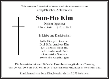 Traueranzeige von Sun-Ho Kim von  Usinger Anzeiger