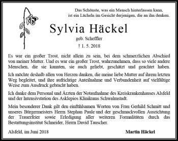 Traueranzeige von Sylvia Häckel von VRM Trauer