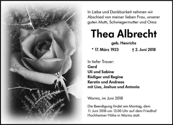 Traueranzeige von Thea Albrecht von Trauerportal Rhein Main Presse