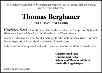 Traueranzeige von Thomas Bergbauer von Trauerportal Rhein Main Presse