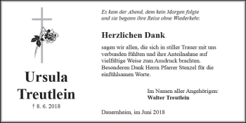 Traueranzeige von Ursula Treutlein von  Kreisanzeiger