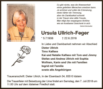 Traueranzeige von Ursula Ullrich-Feger von Trauerportal Rhein Main Presse