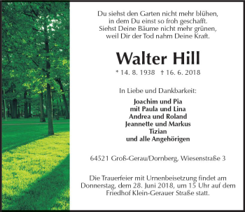 Traueranzeige von Walter Hill von Trauerportal Rhein Main Presse
