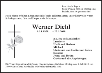 Traueranzeige von Werner Diehl von Trauerportal Rhein Main Presse