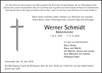 Traueranzeige von Werner Schmidt von  Kreisanzeiger
