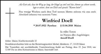 Traueranzeige von Winfried Doell von Trauerportal Rhein Main Presse