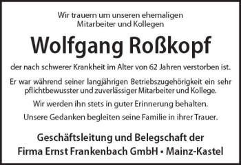 Traueranzeige von Wolfgang Roßkopf von Trauerportal Rhein Main Presse