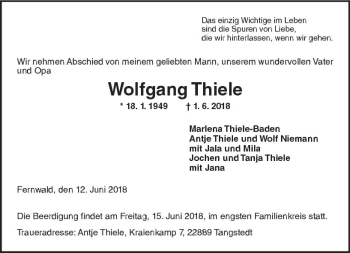 Traueranzeige von Wolfgang Thiele von  Gießener Anzeiger
