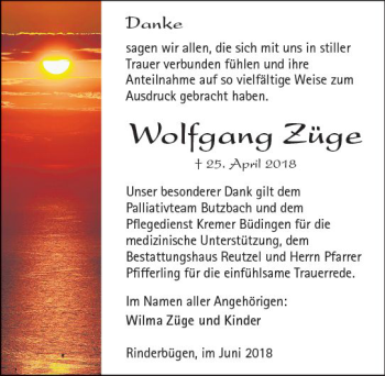 Traueranzeige von Wolfgang Züge von  Kreisanzeiger