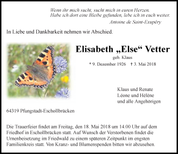 Traueranzeige von Elisabeth Vetter von  Trauerportal Rhein Main Presse
