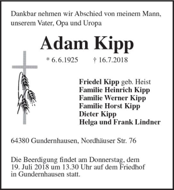 Traueranzeige von Adam Kipp von Trauerportal Echo Online