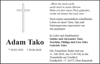 Traueranzeige von Adam Tako von vrm-trauer
