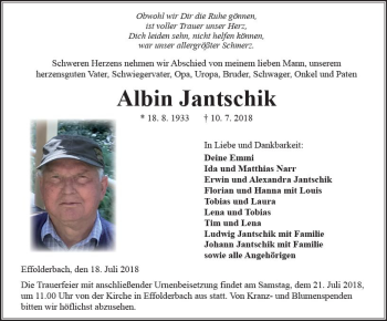 Traueranzeige von Albin Jantschik von  Kreisanzeiger