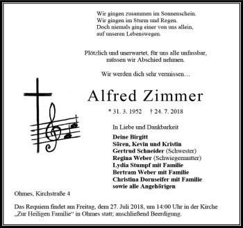 Traueranzeige von Alfred Zimmer von VRM Trauer