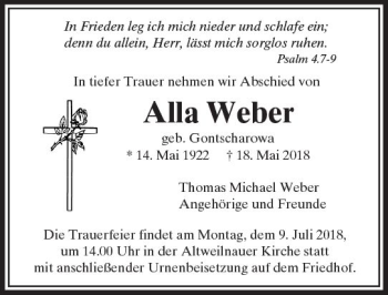 Traueranzeige von Alla Weber von  Usinger Anzeiger