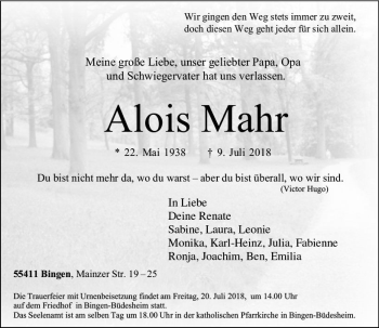 Traueranzeige von Alois Mahr von vrm-trauer