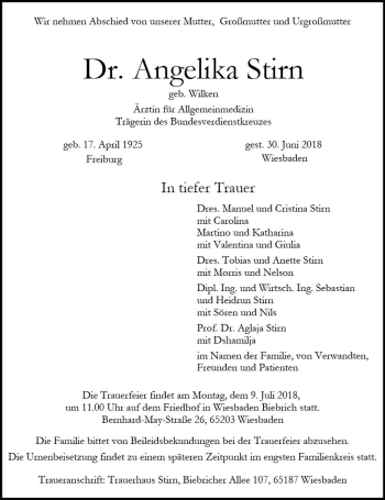 Traueranzeige von Angelika Stirn von Trauerportal Rhein Main Presse