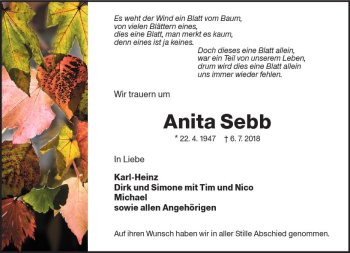 Traueranzeige von Anita Sebb von vrm-trauer