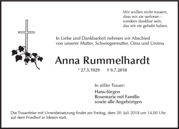 Traueranzeige von Anna Rummelhardt von vrm-trauer