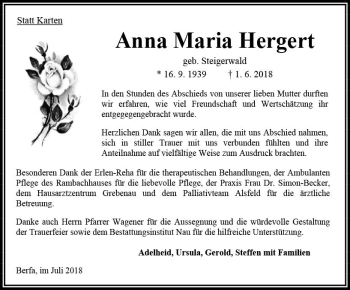 Traueranzeige von Anna Maria Hergert von VRM Trauer