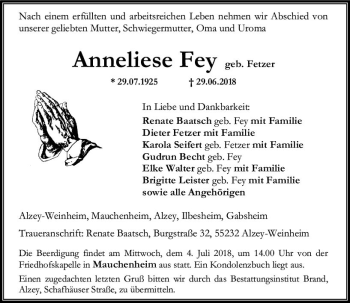 Traueranzeige von Anneliese Fey von Trauerportal Rhein Main Presse