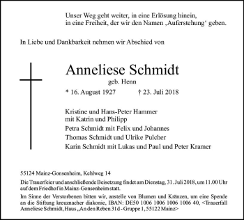 Traueranzeige von Anneliese Schmidt von vrm-trauer