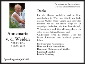 Traueranzeige von Annemarie v. d. Weiden von vrm-trauer