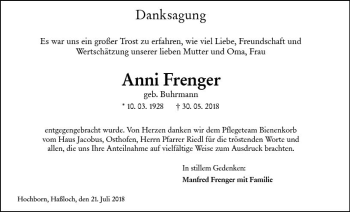 Traueranzeige von Anni Frenger von vrm-trauer