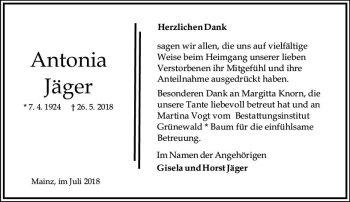 Traueranzeige von Antonia Jäger von vrm-trauer