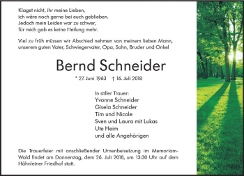 Traueranzeige von Bernd Schneider von vrm-trauer