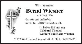 Traueranzeige von Bernd Wiesner von  Gießener Anzeiger