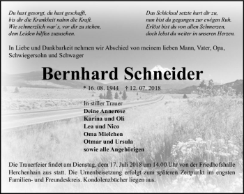 Traueranzeige von Bernhard Schneider von VRM Trauer