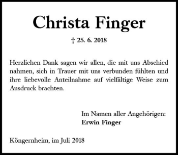 Traueranzeige von Christa Finger von vrm-trauer