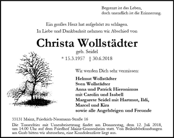 Traueranzeige von Christa Wollstädter von vrm-trauer
