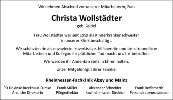 Traueranzeige von Christa Wollstädter von vrm-trauer