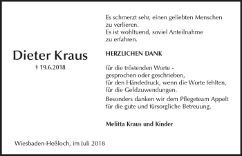Traueranzeige von Dieter Kraus von vrm-trauer
