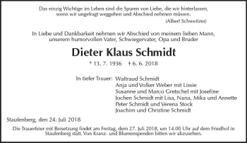 Traueranzeige von Dieter Klaus Schmidt von  Gießener Anzeiger