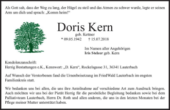 Traueranzeige von Doris Kern von VRM Trauer