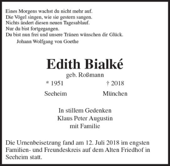 Traueranzeige von Edith Bialk von vrm-trauer