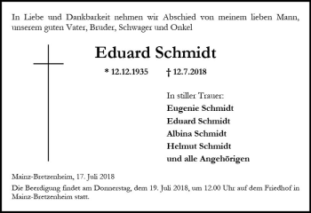 Traueranzeige von Eduard Schmidt von vrm-trauer