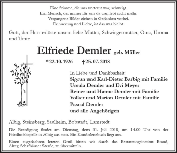 Traueranzeige von Elfriede Demler von vrm-trauer