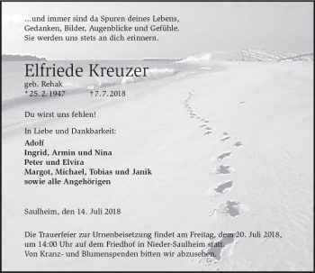 Traueranzeige von Elfriede Kreuzer von vrm-trauer