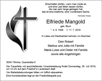 Traueranzeige von Elfriede Mangold von VRM Trauer