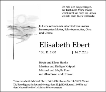 Traueranzeige von Elisabeth Ebert von vrm-trauer