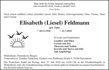 Traueranzeige von Elisabeth  Feldmann von vrm-trauer