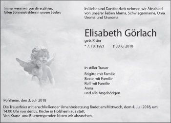 Traueranzeige von Elisabeth Görlach von  Gießener Anzeiger