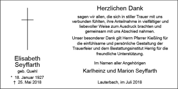 Traueranzeige von Elisabeth Seyffarth von VRM Trauer