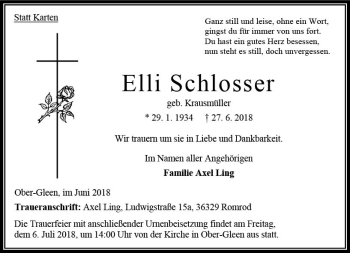 Traueranzeige von Elli Schlosser von VRM Trauer