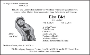 Traueranzeige von Else Blei von  Gießener Anzeiger